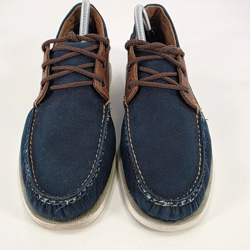 HITCHCOCK WIDE BOAT SHOES MENS SIZE 7 3E NAVY BLUE BROWN LEATHER CANVAS LACE UP